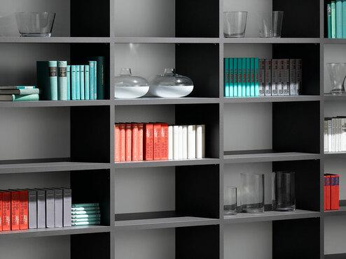 Detailaufnahme einer Regal-Schrank Kombination Detailaufnahme eines schwarz lackierten Bücherregals in Kombination mit quadratischen Holztüren für geschlossene Regalseite.